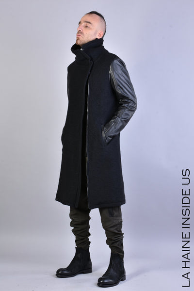 Leather sleeved wool blend coat