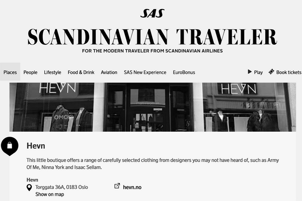 HEVN is recommended in the SAS Scandinavian Traveler Magazine