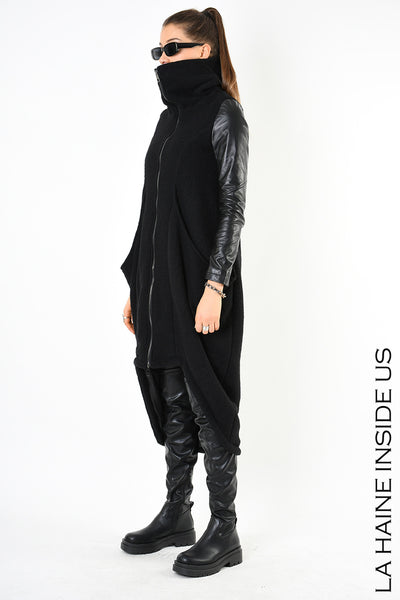 Leather sleeved asymmetric coat