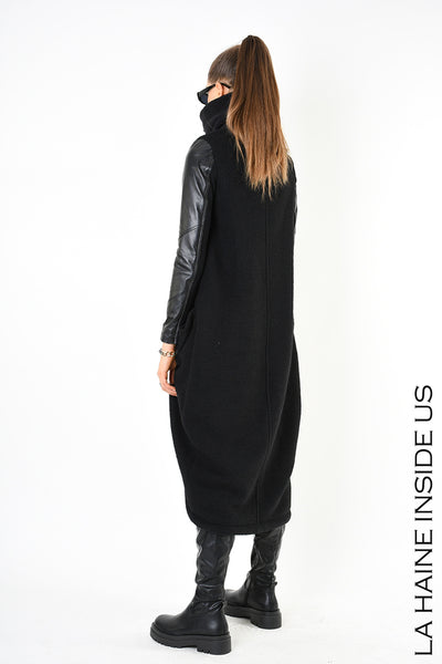 Leather sleeved asymmetric coat