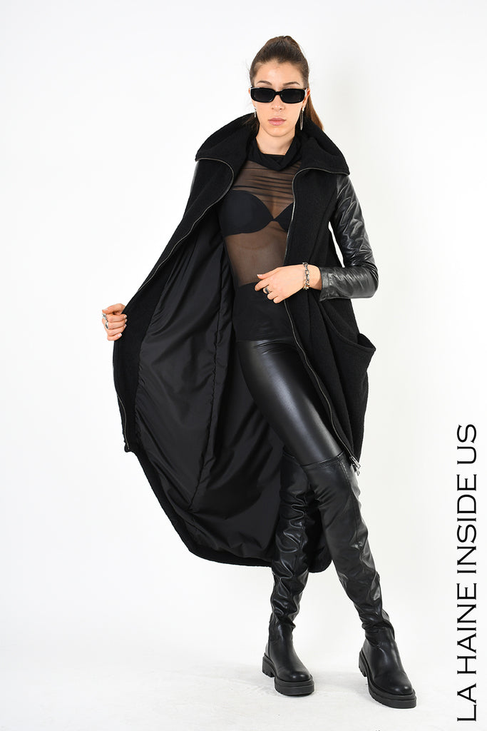 Leather sleeved asymmetric coat