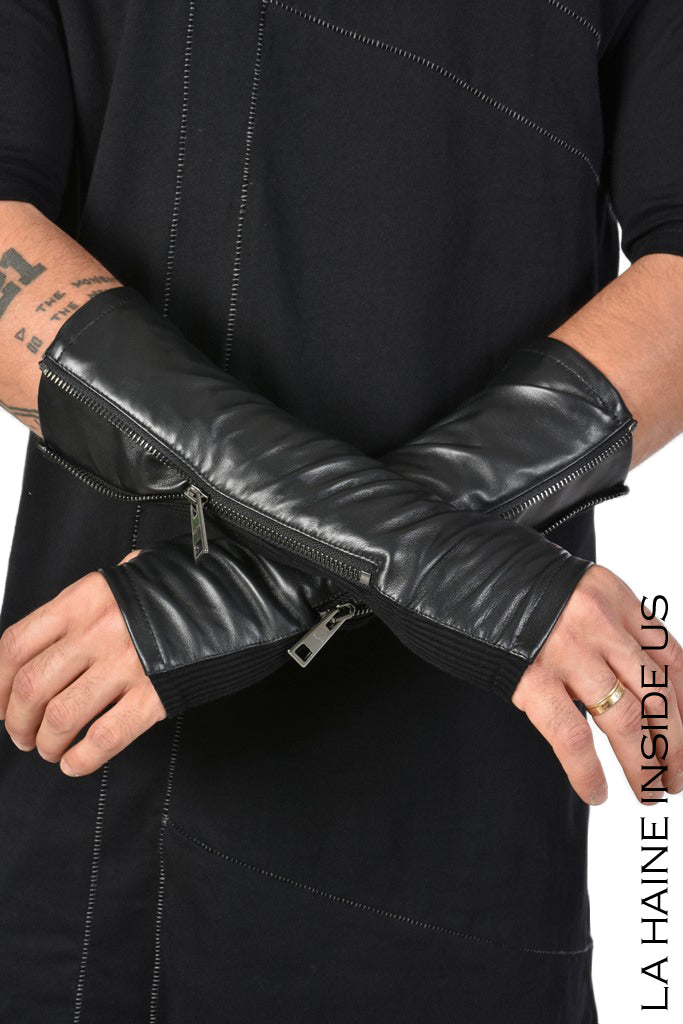 Stretch leather fingerless gloves