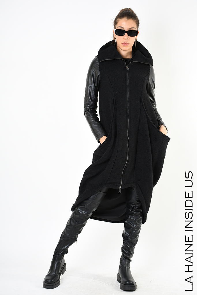 Leather sleeved asymmetric coat