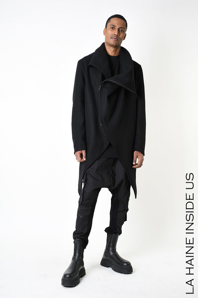 Asymmetric wool blend coat